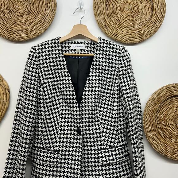 Calvin Klein Black White Single Button Houndstooth Tailored Blazer Jacket 4 - Picture 3 of 7